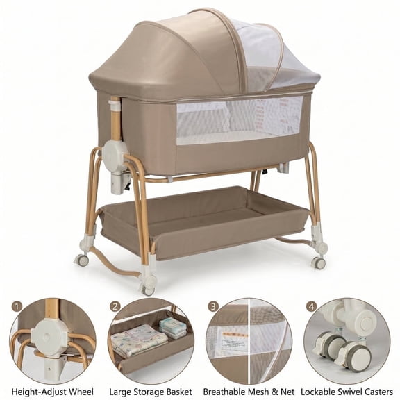 suihuooo 4-in-1 Rocking Baby Bassinet with Wheels and Storage Basket 7 Height Adjustable Mosquito Net for Newborn,Khaki