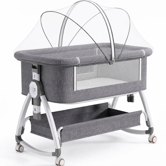 Chastar Bassinet Bedside, Portable Baby Crib with 6 Adjustable Heights and Breathable Mesh Panels, Foldable, Gray
