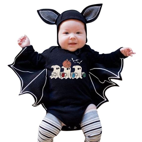 Baby Bat Halloween Romper, Long Sleeve Hooded Onesie with Hat