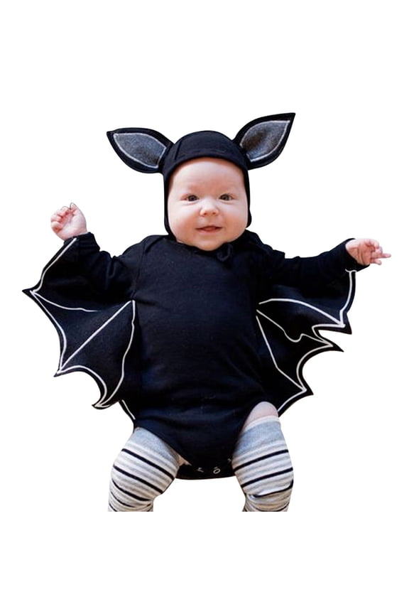 Baby Bat My First Halloween Outfit Toddler Boys Girls Long Sleeve Romper Bodysuit With Hat Cute Animal Theme Black