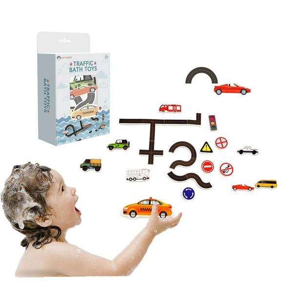Baby Bath Foam Toys Foam Stickers - 23 Piece Vehicles Bath Stickers with Storage Bag, Educational Floating Bathtub Traffic Non-Toxic Fun Bathing for Baby Girls Boys Toddler Kids