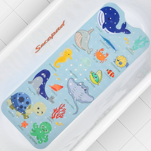 Bath Mat for Tub Non Slip, Machine Washable Anti-Slip Cartoon Baby Bathtub Shower Mat with Drain Holes and Suction Cups for Toddler & Kids, 40 Inch x 16 Inch, Blue Sea Animals