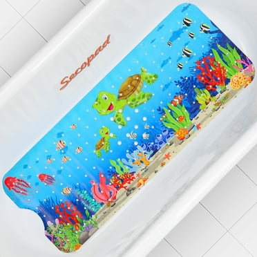 Baby Bath Mat, Kids Bathtub Mat Non Slip for Toddler Bath Shower Anti Slip, 40In X 16In Cartoon Bath Tub Mat with Drain Holes and Suction Cups Machine Washable, Turtles