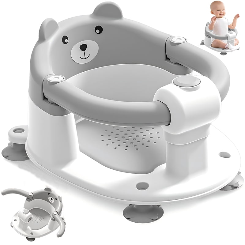 Baby Bath Seat for Babies 6 Months & up, Non-Slip Toddler Bath Seats for Babies Sitting Up, Safe Infant & Newborn Bathtub Chair with 4 Suction Cups & Soft Cushion for Shower,Gray