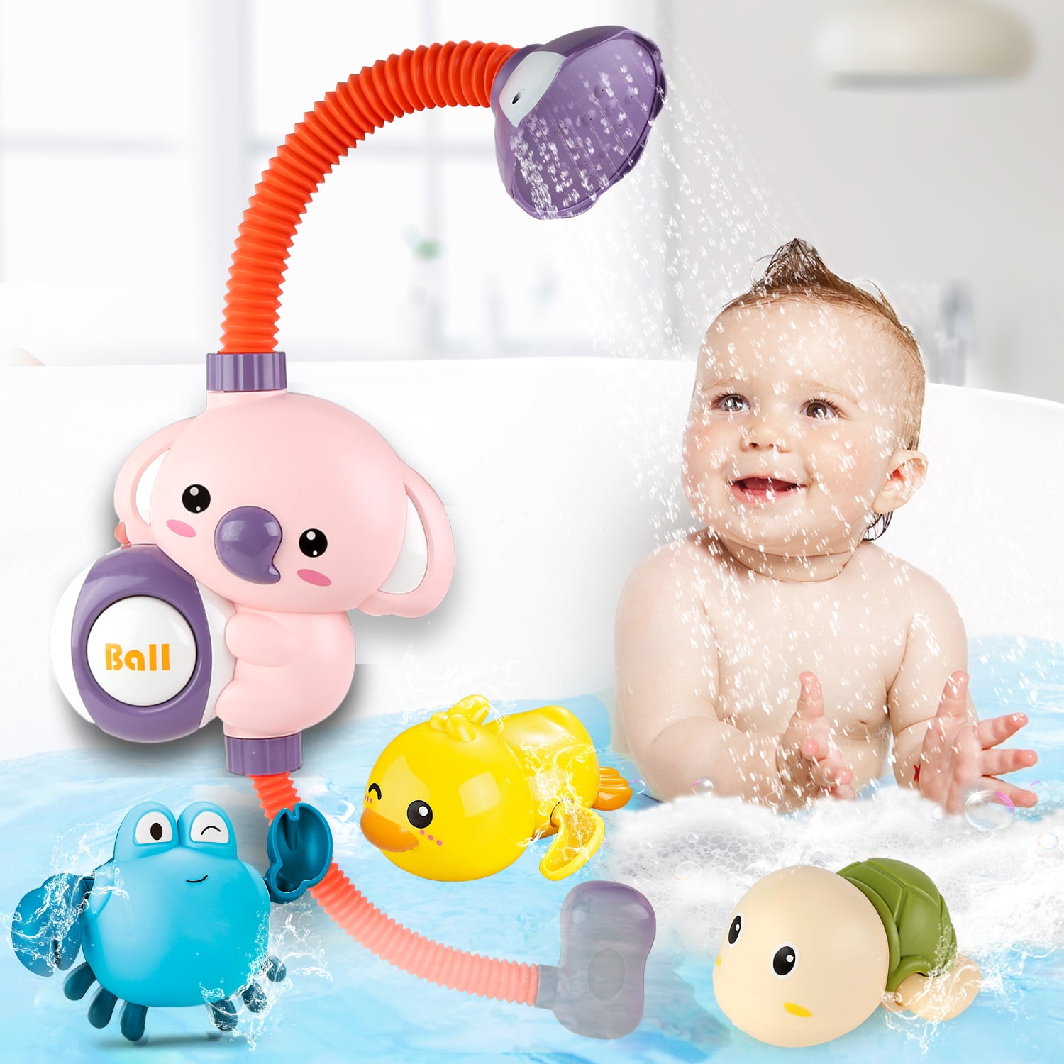 Baby Bath Shower Head Toys for Toddlers Electric Elephant Water Spray Showerhead 3 Wind Up Animals Bathtub Toys for Max Fun in Tub for Infants