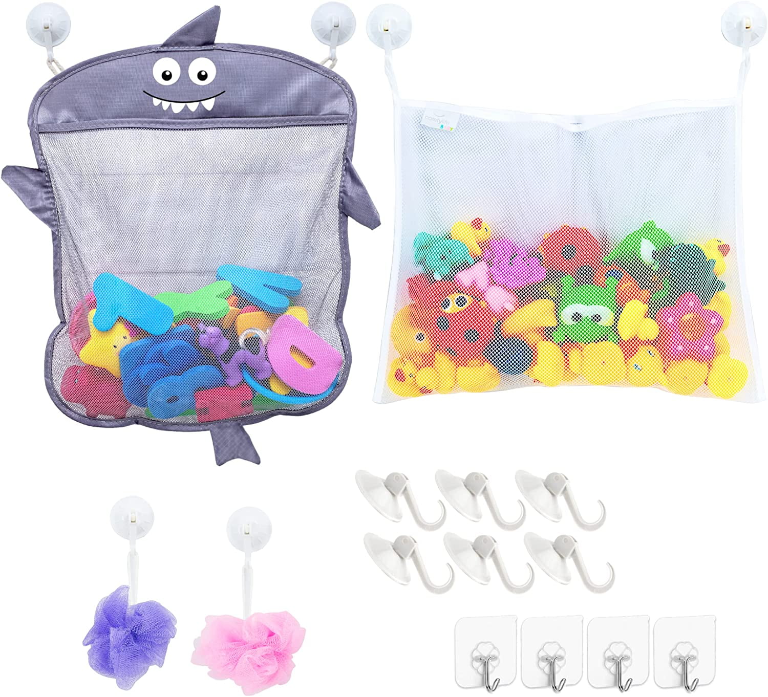 Baby Bath Toy Organizer Shark (2 Bath Toy Storage Nets, 8 Toy Numbers