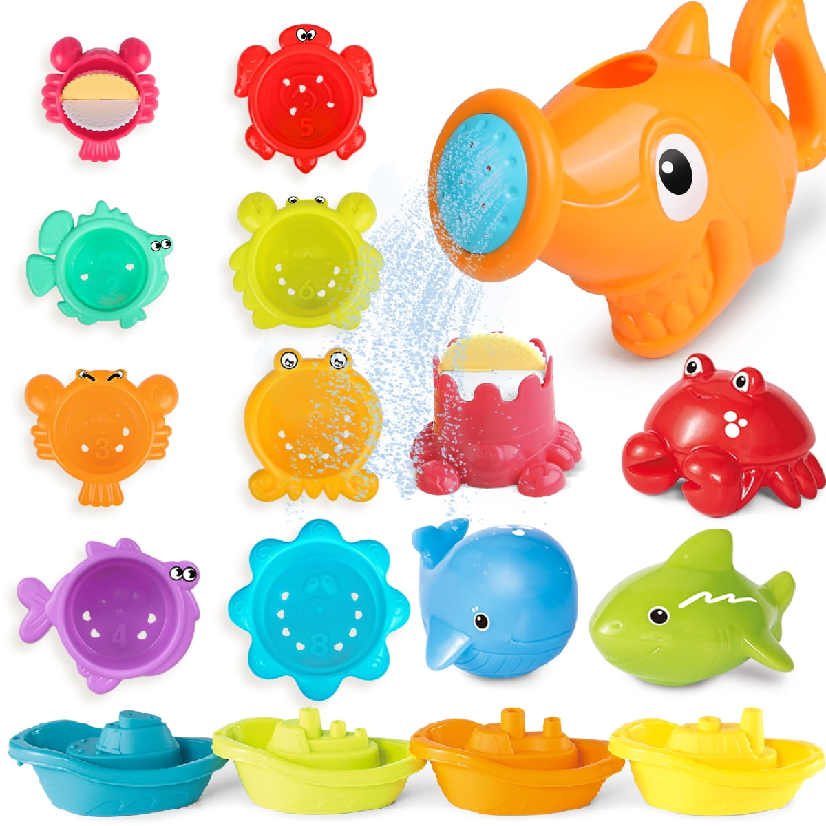 16PCS Bath Toys for Toddler 1-3, Pool Beach Toys for Boys Girls Water Table Toysfor 6-12 Months Baby,Stackable Toy,Shark Water Can,Birthday Gift for Infant
