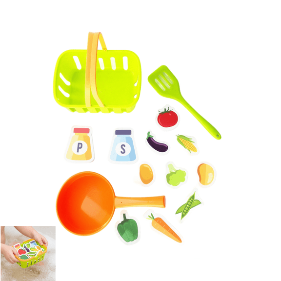Baby Bath Toys Set, Kids Kitchen Role Play Playset, Mini Grocery Basket with Frying Pan, Paper Vegetable Stickers, Lightweight Water Play Toys for Toddler Bathtime Entertainment