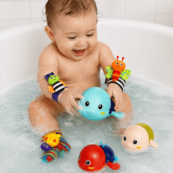 Baby Bath Toys & Wrist Rattle Foot Finder Socks Set for Infants, 3 Turtle Bath Toys + 2 Wrist Rattles + 2 Baby Foot Socks, Sensory Development Gift Set for Newborn Boys & Girls