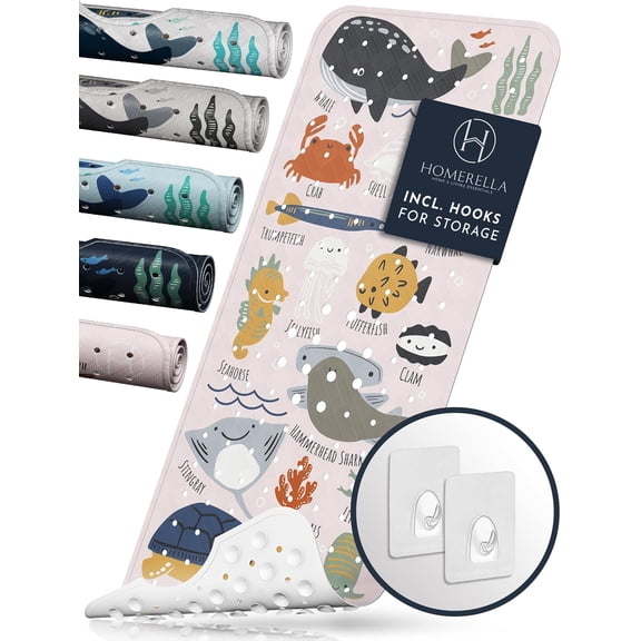 Baby Bath Tub Mat | Anti Mold Mildew Resistant Non Slip Kids and Adult Bath Tub Shower Mats | 40x16 inch Long with Suction Cups for Secure Grip Hooks for Storage & Drying | Machine Washable