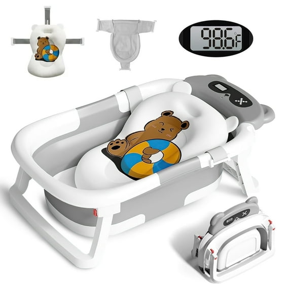 Baby Bathtub, Collapsible Newborn Bathtub for Infant to Toddler 0-1 Year with Soft Cushion+Baby Tub Sling and Thermometer, Portable Travel Bathtub, Foldable Infant Bathtub with No-Slip Feet, Grey