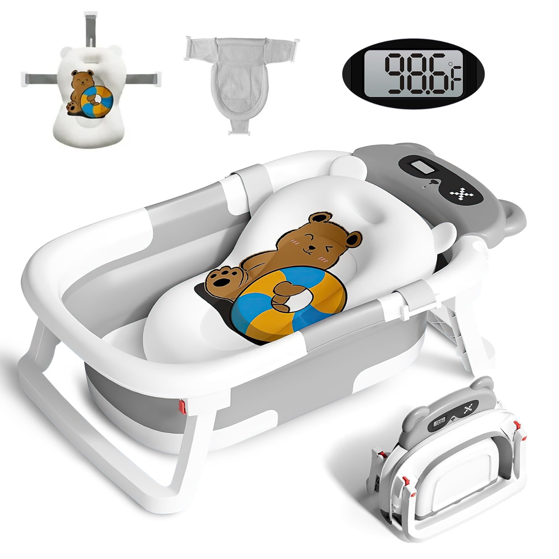 Baby Bathtub, Collapsible Newborn Bathtub for Infant to Toddler 0-36 Months with Soft Cushion+Baby Tub Sling and Thermometer, Portable Travel Bathtub, Foldable Infant Bathtub with No-Slip Feet, Grey