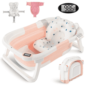 Baby Bathtub, Collapsible Newborn Bathtub for Infant to Toddler 0-36 Months with Soft Cushion+Baby Tub Sling and Thermometer, Portable Travel Bathtub, Foldable Infant Bathtub with No-Slip Feet, Pink