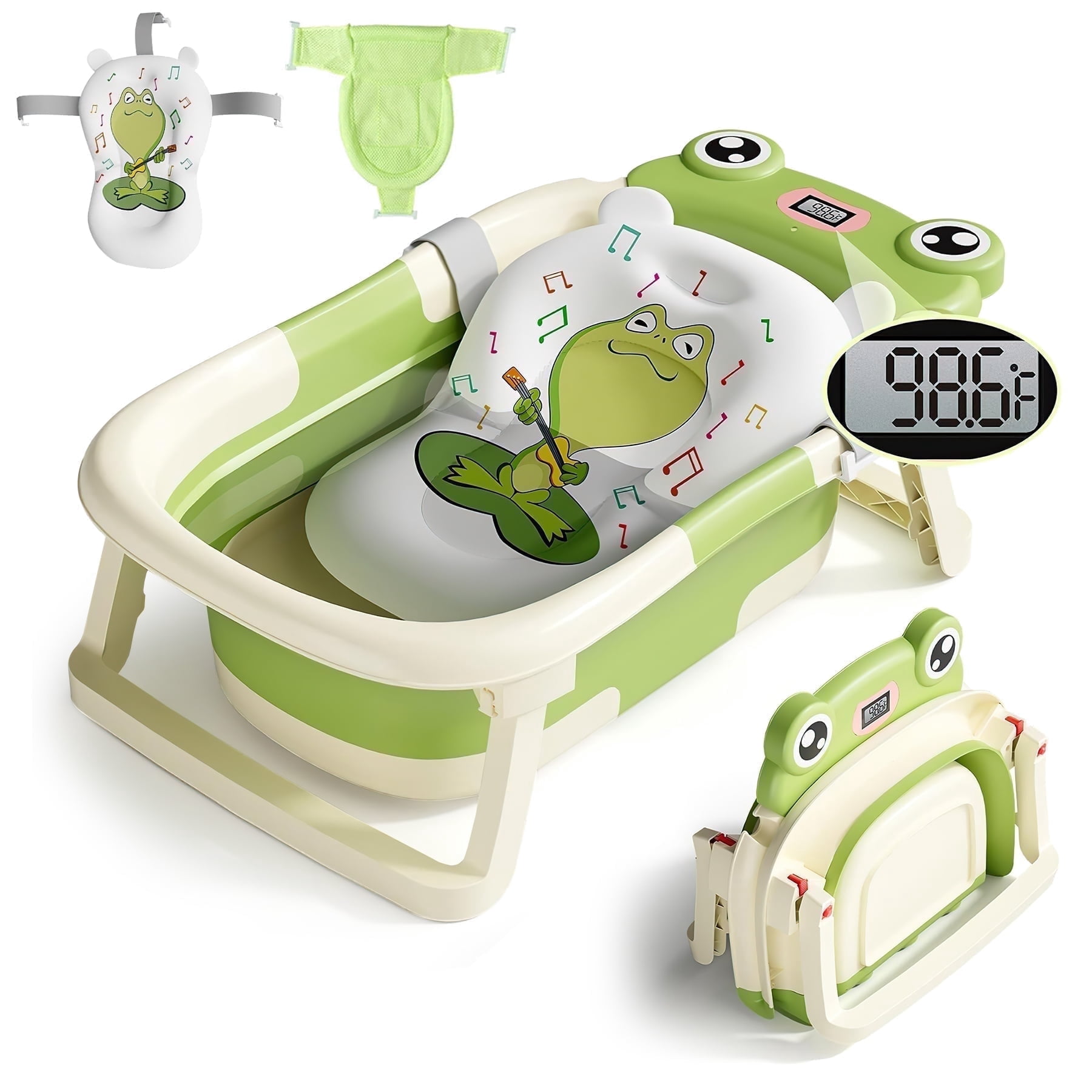 Baby Bathtub, Collapsible Newborn Bathtub for Infant to Toddler 0-12 Months with Soft Cushion+Baby Tub Sling and Thermometer, Portable Travel Bathtub, Foldable Infant Bathtub with No-Slip Feet, Green
