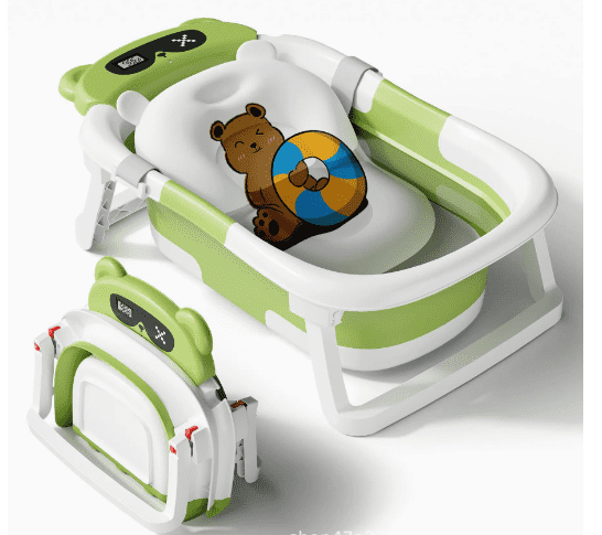 Baby Bathtub, Collapsible Newborn Bathtub for Infant to Toddler with Soft Cushion and Thermometer, Portable Travel Newborn Tub with No-Slip Feet, The Perfect Baby Shower Gift—Green
