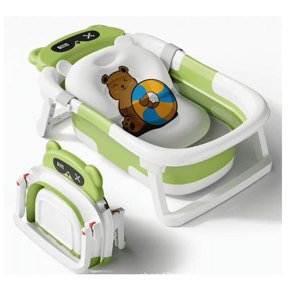 Baby Bathtub, Collapsible Newborn Bathtub for Infant to Toddler with Soft Cushion and Thermometer, Portable Travel Newborn Tub with No-Slip Feet, The Perfect Baby Shower GiftGreen