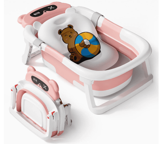 Baby Bathtub, Collapsible Newborn Bathtub for Infant to Toddler with Soft Cushion and Thermometer, Portable Travel Newborn Tub with No-Slip Feet, The Perfect Baby Shower Gift—Pink