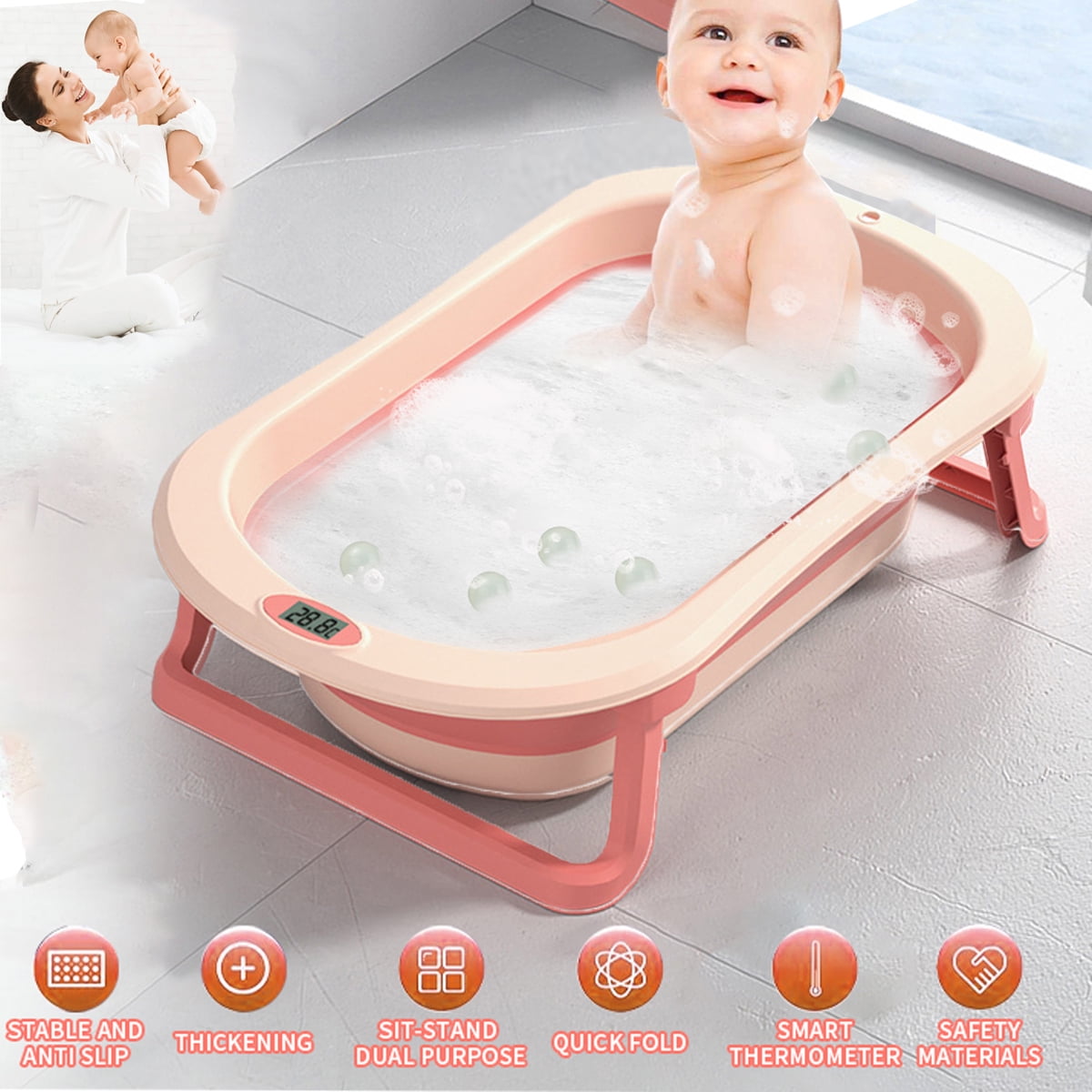 Baby Bathtub for Newborns Baby and Toddlers, with Removable Safety Bath Mat, RealTime