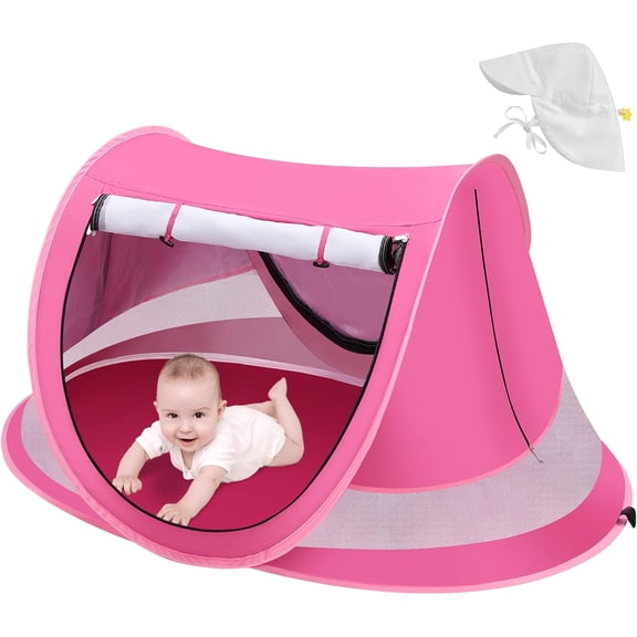 Baby Beach Tent with Baby Hat, Pop Up Toddler Travel Bed with Sun Hat for Boys or Girls, Sun Shade for Toddler Camping, Infant Portable Sun Shade, Summer Beach Baby