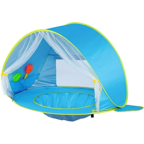 Baby Beach Tent, Beach Canopy Sun Shelter UPF50+ UV Protection Baby Pool with Canopy, Easy Set Up Pop Up Baby Beach Shade Pool for Toddlers Outdoor Camping Pool Fun (Front Mesh Blue)