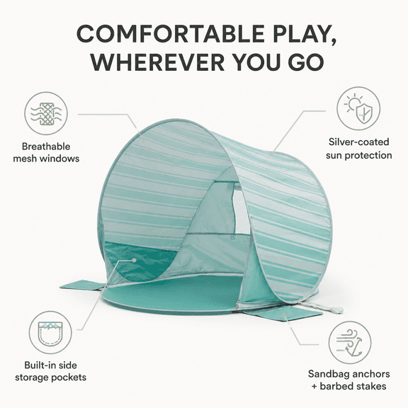 Moncoland Baby Beach Tent, Beach Sun Shelter with Large Opening, Ventilated Mesh Windows, Silver-Coated UV Protective Fabric, Sandbag Wind Resistance, Storage Pockets, Green Stripe.