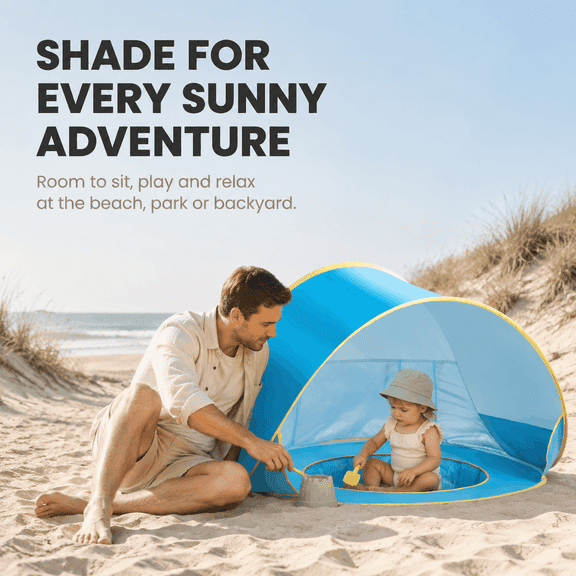Moncoland Baby Beach Tent with Splash Pool, UV Protection, Mesh & Pocket, Silver-Coated Polyester.