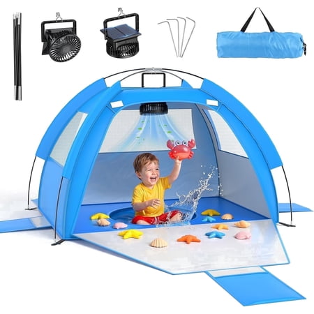 Baby Beach Tent Solar Cooling Fan, Anti-UV Toddler Beach Tent Sun Shelter Portable Travel Fan Beach Shade Tent, Baby Play Tent Built-in Ceiling Fan Sun Shelters Toddler Beach Essentials