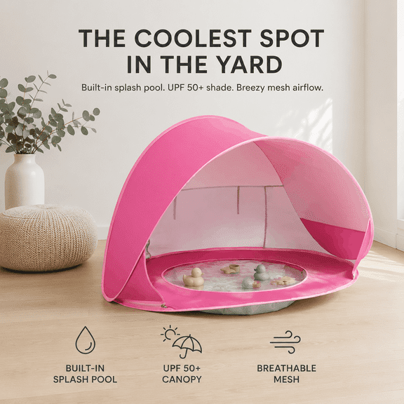 Moncoland Baby Beach Tent with Splash Pool, UV Protection, Portable, Pink Silver-Coated Taffeta, 47.2 x 31.5 x 27.6 in.