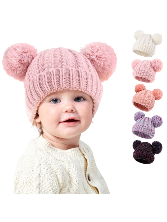 Baby Beanie Hat Double Pom Pom Toddler Beanies Knit Infant Winter Hat Caps for Boys Girls 1-3Y