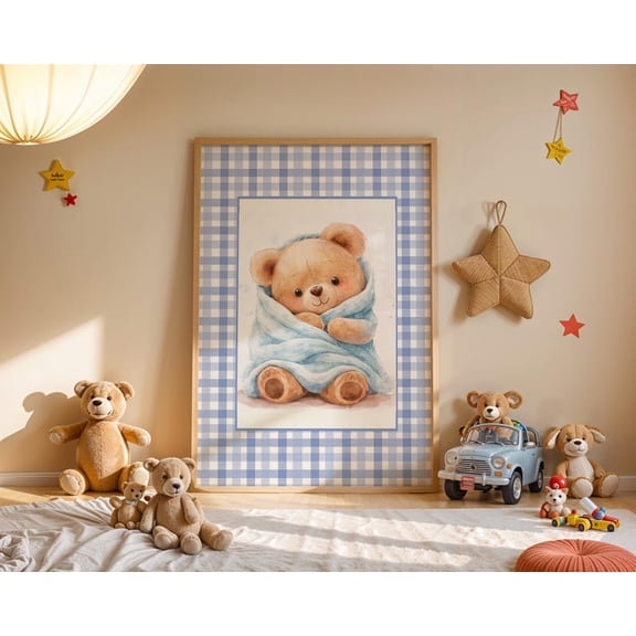 Baby Bear Blue Gingham Nursery Wall Art Poster Toddler Room Decor 12x18 UNFRAMDE