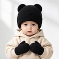 thumbnail image 1 of Baby Bear Ears Knit Beanie and Mittens Set, Toddler Winter Warm Hat Gloves Kit, Cute Ribbed Knitted Cold Weather Accessory for Baby Boys Girls Daily Outdoor Wear(Black,6-24 Months), 1 of 4