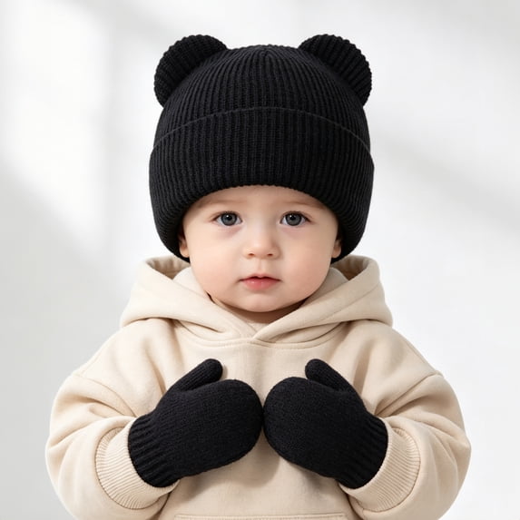 Baby Bear Ears Knit Beanie and Mittens Set, Toddler Winter Warm Hat Gloves Kit, Cute Ribbed Knitted Cold Weather Accessory for Baby Boys Girls Daily Outdoor Wear(Black,6-24 Months)