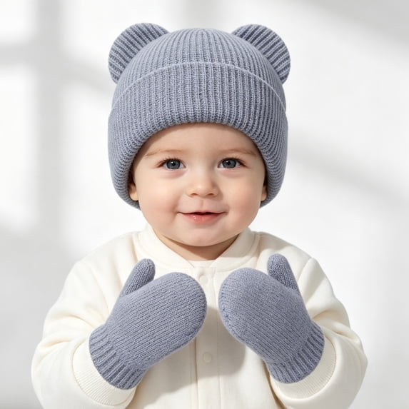 Baby Bear Ears Knit Beanie and Mittens Set, Toddler Winter Warm Hat Gloves Kit, Cute Ribbed Knitted Cold Weather Accessory for Baby Boys Girls Daily Outdoor Wear(Light Gray,6-24 Months)