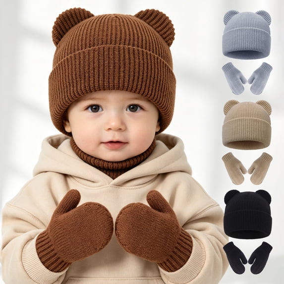Baby Bear Ears Knit Beanie and Mittens Set, Toddler Winter Warm Hat Gloves Kit, Cute Ribbed Knitted Cold Weather Accessory for Baby Boys Girls Daily Outdoor Wear(Brown,6-24 Months)