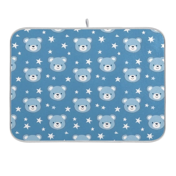 Baby Bear Face and Star Dish Drying Mat 16x18 Absorbent Microfiber Draining Rack Pad for Kitchen Counter Sink