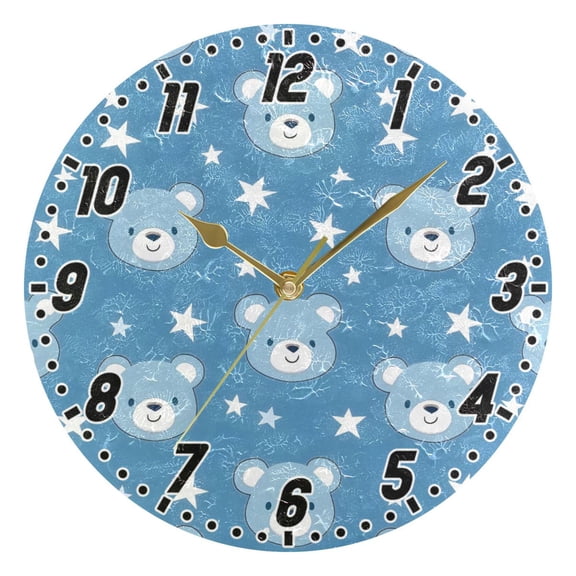 Baby Bear Face and Star Round Wall Clock Battery Operated Silent Non-Ticking Bedroom Office Kitchen Home School Decor 10"(Gold)