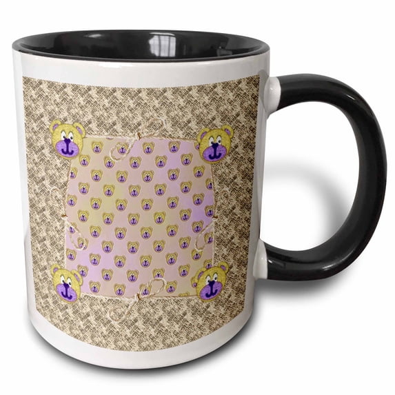 3drose, Baby Bear Faces Trimmed with Yarn, Yellow and Purple, 15oz Two-tone Black Mug