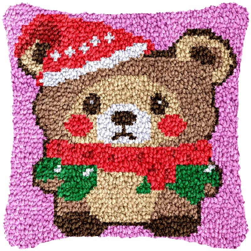 Baby Bear with Hat Latch Hook Pillow Cover Kits for DIY Handmade Throw Pillow Cross Stitch Latch Hook Pillowcase Rug Kits with Preprinted Color Pattern Canvas Crochet Yarn Kits 17''X 17''(ch104)