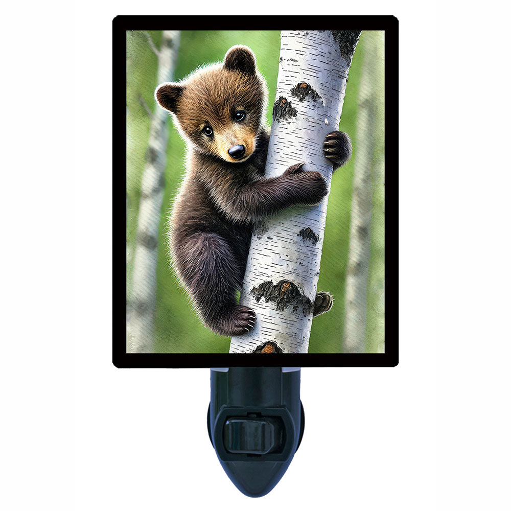 Baby Bear Night Light – Adorable Bear Cub Climbing Tree, Woodland Animal Décor, Cabin and Nursery Accent, Free Switchable Insert