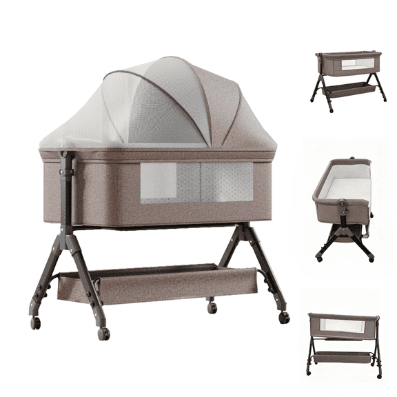 Baby Bedside Bassinet, Portable Rocking Crib ,5-in-1 Lightweight Travel Sleeper with Easy Fold , for Babies & Toddlers (KHAKI)