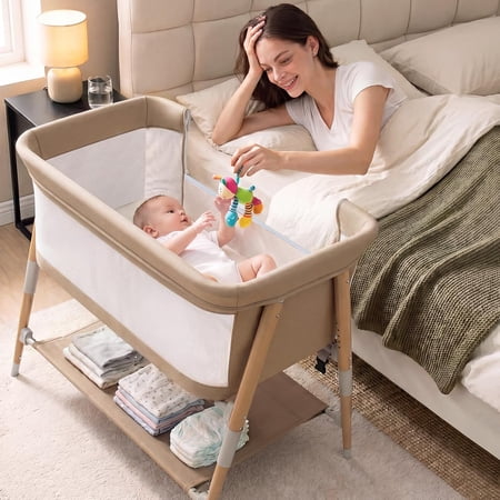 3 in 1 Baby Bedside Bassinet Sleeper for Newborn,Infant Crib with Adjustable 5 Height for Babies Girls Boys Toddlers,Khaki