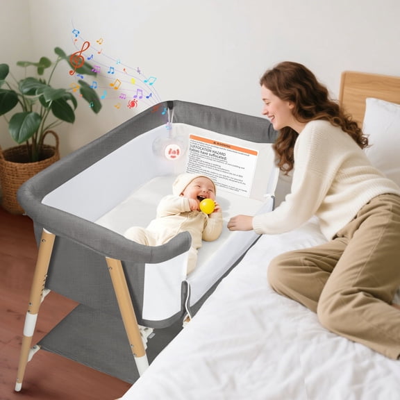 3 in 1 Bassinet Bedside Sleeper for Baby Newborn,Infant Crib W/ Music Toy,4 Wheels,Adjustable 5 Height,Mattress,Mosquito Net,Basket,Carry Bag,Grey