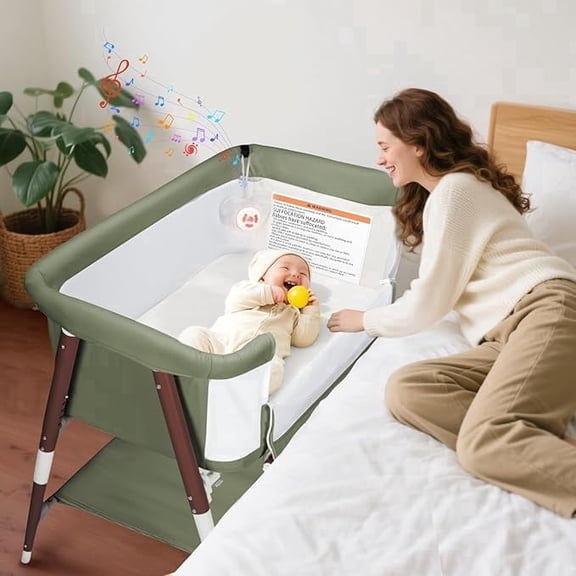 3 in 1 Bassinet Bedside Sleeper for Baby Newborn,Infant Crib W/ Music Toy,4 Wheels,Adjustable 5 Height,Mattress,Mosquito Net,Basket,Carry Bag,Green