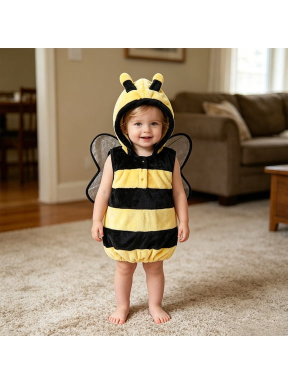 Baby Bee Halloween Romper Sleeveless Hooded Jumpsuit with Wings Bee Hood, Honeybee Theme, Cozy Feel, Halloween , Cute Outfit