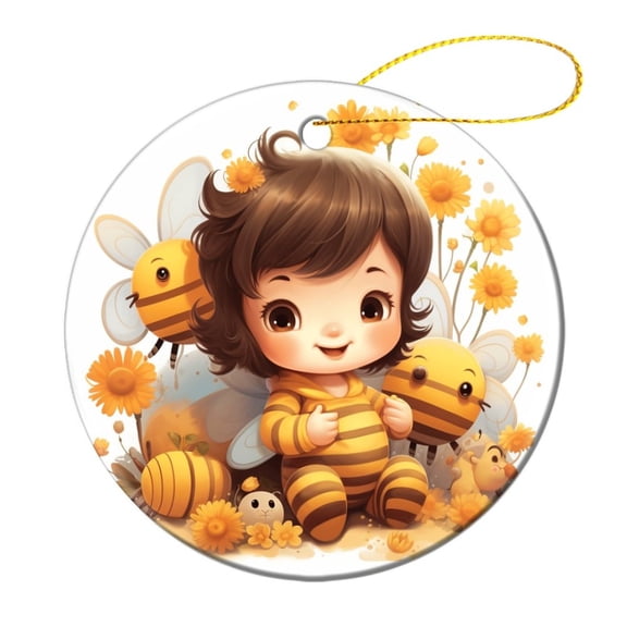 Baby Bees And Flowers Ceramics Ornaments Cute Cartoon Bumble Bee Ceramic Double Sided Tree Xmas Ornament Christmas Xmas Tree Ornament Decoration Hanging Pendant Decor Housewarming Gift
