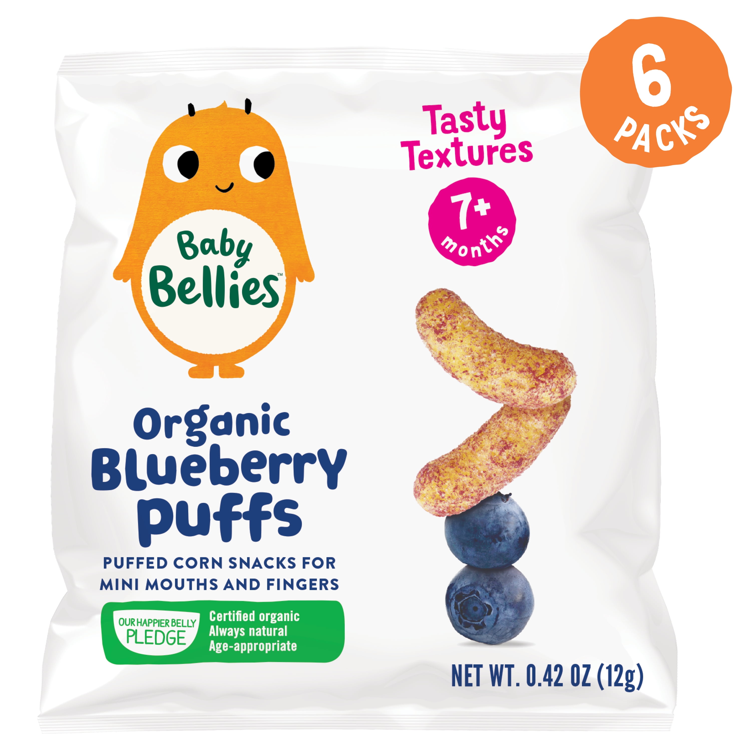 Baby Bellies Organic Blueberry Puffs Snack, Baby and Toddler Snacks, Age 7+ Months, 0.42 oz Bag, 6 Pack