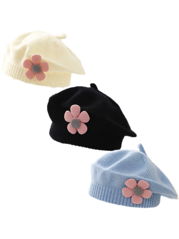 Baby Beret Hat 3Pcs Toddler Winter Knitted Beanie Cap with Cute Flower Little Girls French Hat for 0-3Years