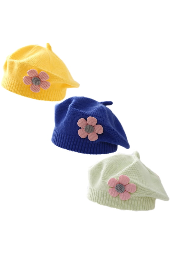 Baby Beret Hat 3Pcs Toddler Winter Knitted Beanie Cap with Cute Flower Little Girls French Hat for 0-3Years