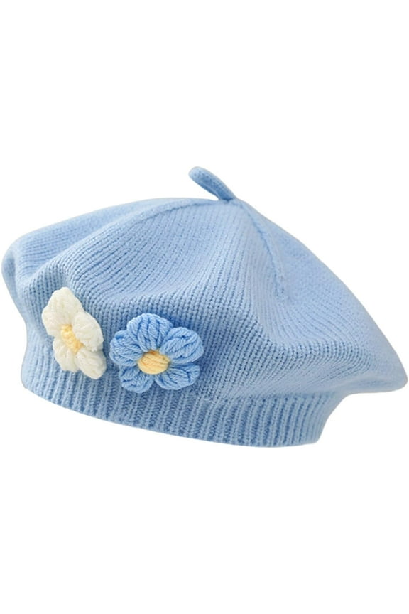 Baby Beret Hat Toddler Girls Winter Warm Knit Beanie French Artist Bonnet Cap with Cute Flower Accent