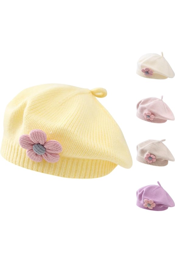Baby Beret Hat Toddler Winter Knitted Beanie Cap with Cute Flower Little Girls French Hat for 0-3Years